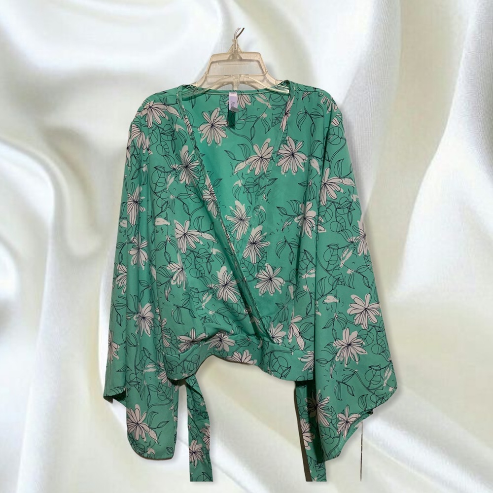 Blue bell sleeve wrap around v neck crop top